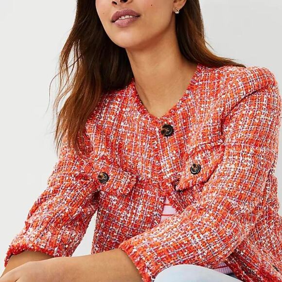 Ann Taylor Long Sleeve Button Front Fringe Tweed Suit Jacket Orange Women's 4 - Picture 1 of 11